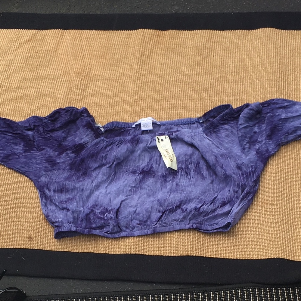 Women's Blue Tie Dye Off The Shoulder Crop Long Sleeve Lace Trim Shirt S…
